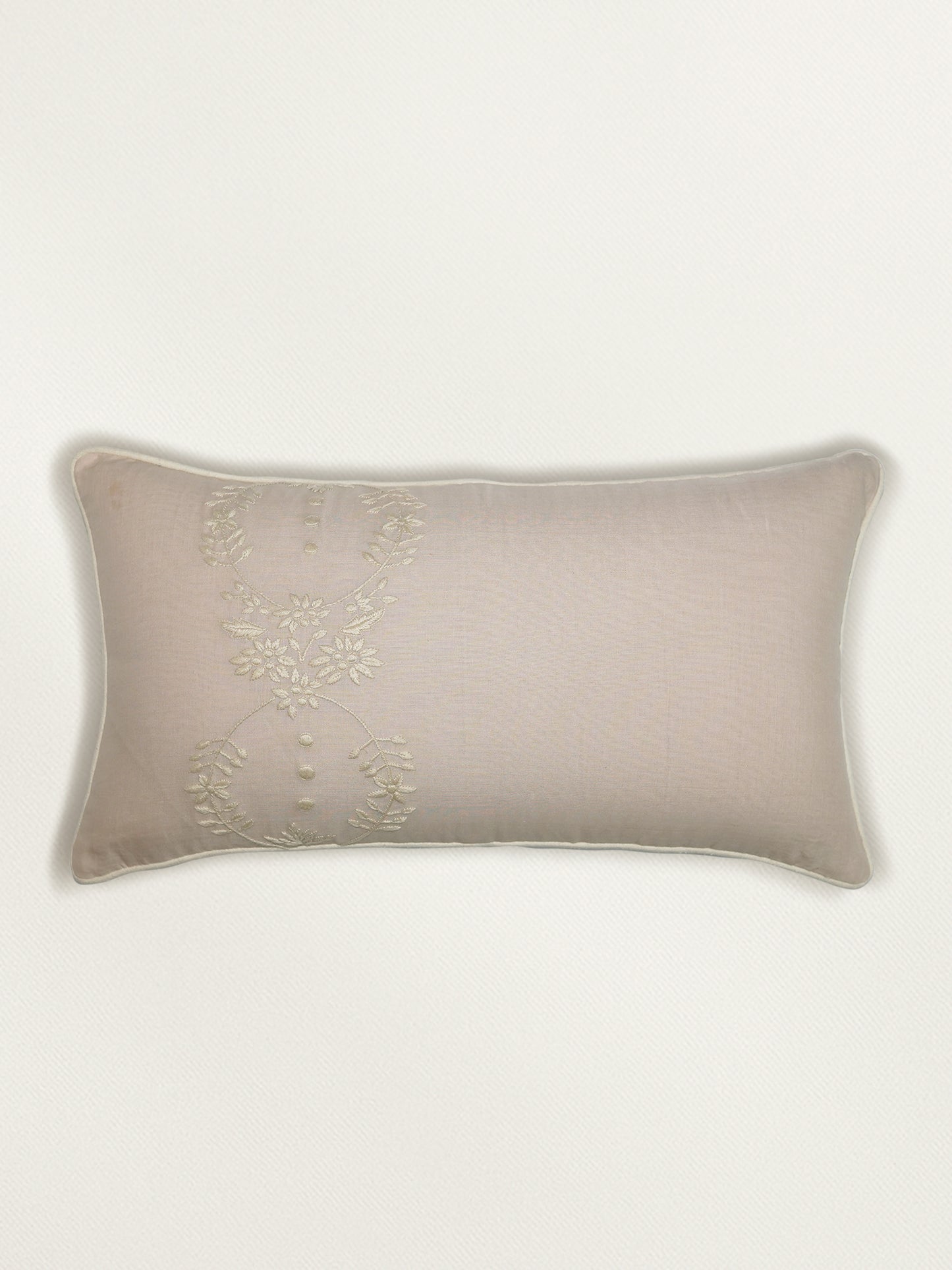 Hand Embroidery Cushion Cover | Leaves with Cord Piping - Linen 12 x 22 inches