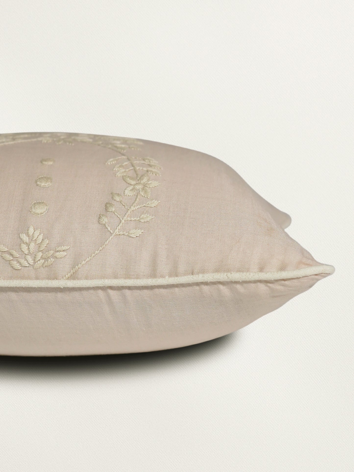 Hand Embroidery Cushion Cover | Leaves with Cord Piping - Linen 12 x 22 inches