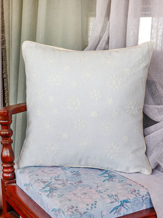 Hand Embroidery Cushion Cover | Snowflakes with Cord Piping - Cotton 20x20 inches