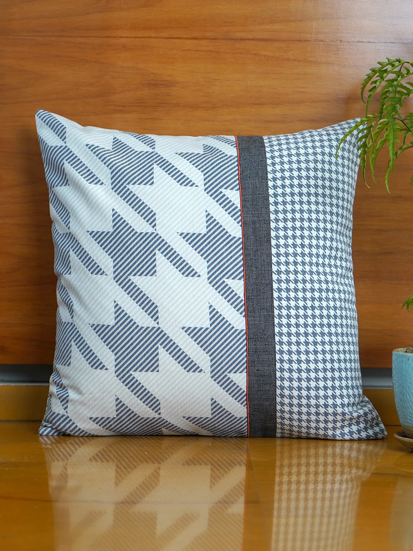 Polyester Blend Cushion Cover – White, Patch Work + Machine Embroidery, 18x18 inch, Set of 1