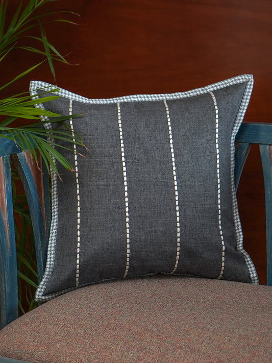 Polyester Blend Cushion Cover - Black, Digital Flange , Flat Piping & Hand Embroidery (Godri Stitch), 16x16 inches, Set of 1"