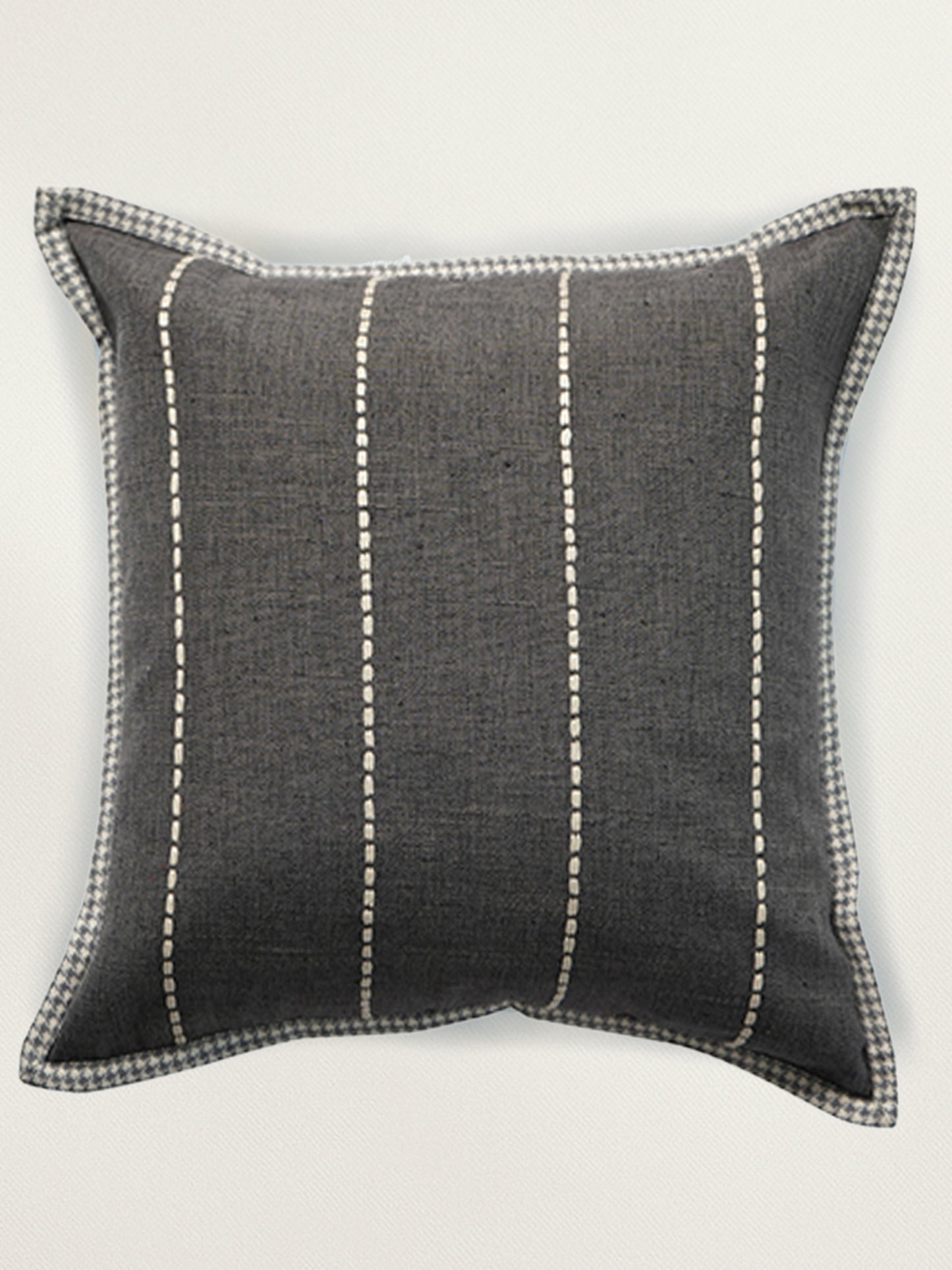 Polyester Blend Cushion Cover - Black, Digital Flange , Flat Piping & Hand Embroidery (Godri Stitch), 16x16 inches, Set of 1"