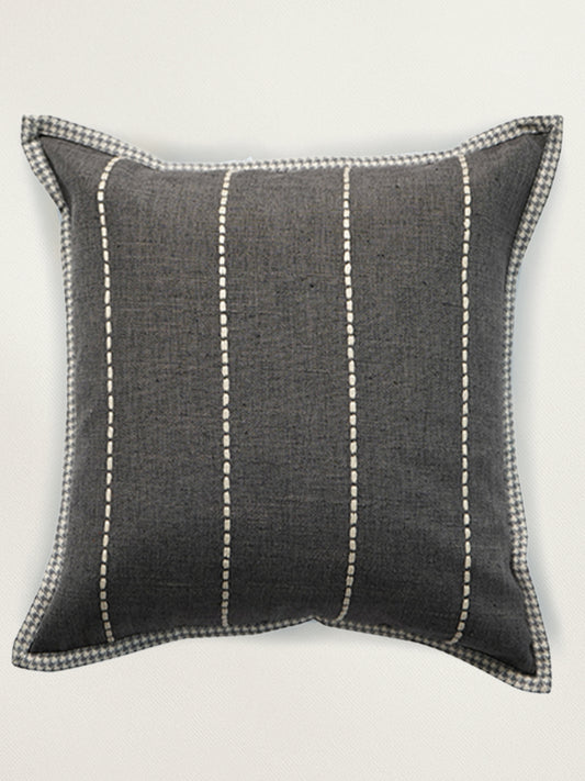 Polyester Blend Cushion Cover - Black, Digital Flange , Flat Piping & Hand Embroidery (Godri Stitch), 16x16 inches, Set of 1"