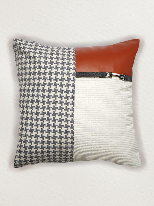 Leather & Polyester Cushion Cover – White, Digital + Patch Work, 16x16 inch, Set of 1