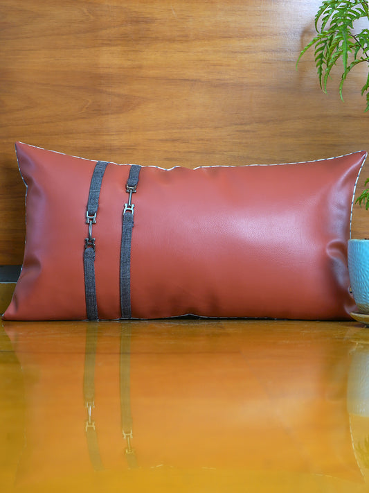 Leather & Polyester Cushion Cover – Rust, Patti Work, 12x22 inch, Set of 1