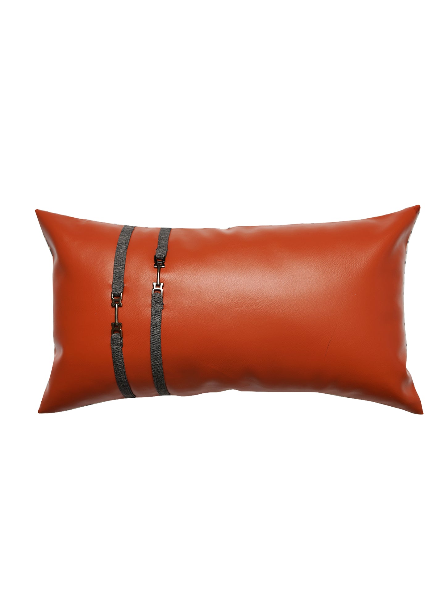 Leather & Polyester Cushion Cover – Rust, Patti Work, 12x22 inch, Set of 1