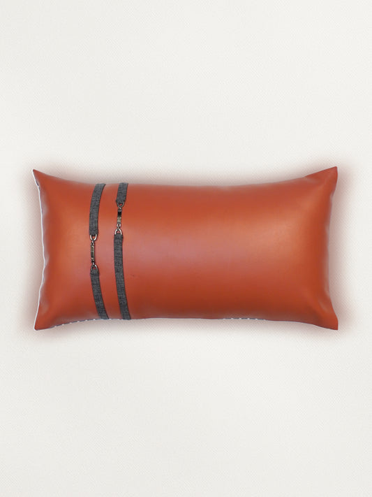 Leather & Polyester Cushion Cover – Rust, Patti Work, 12x22 inch, Set of 1