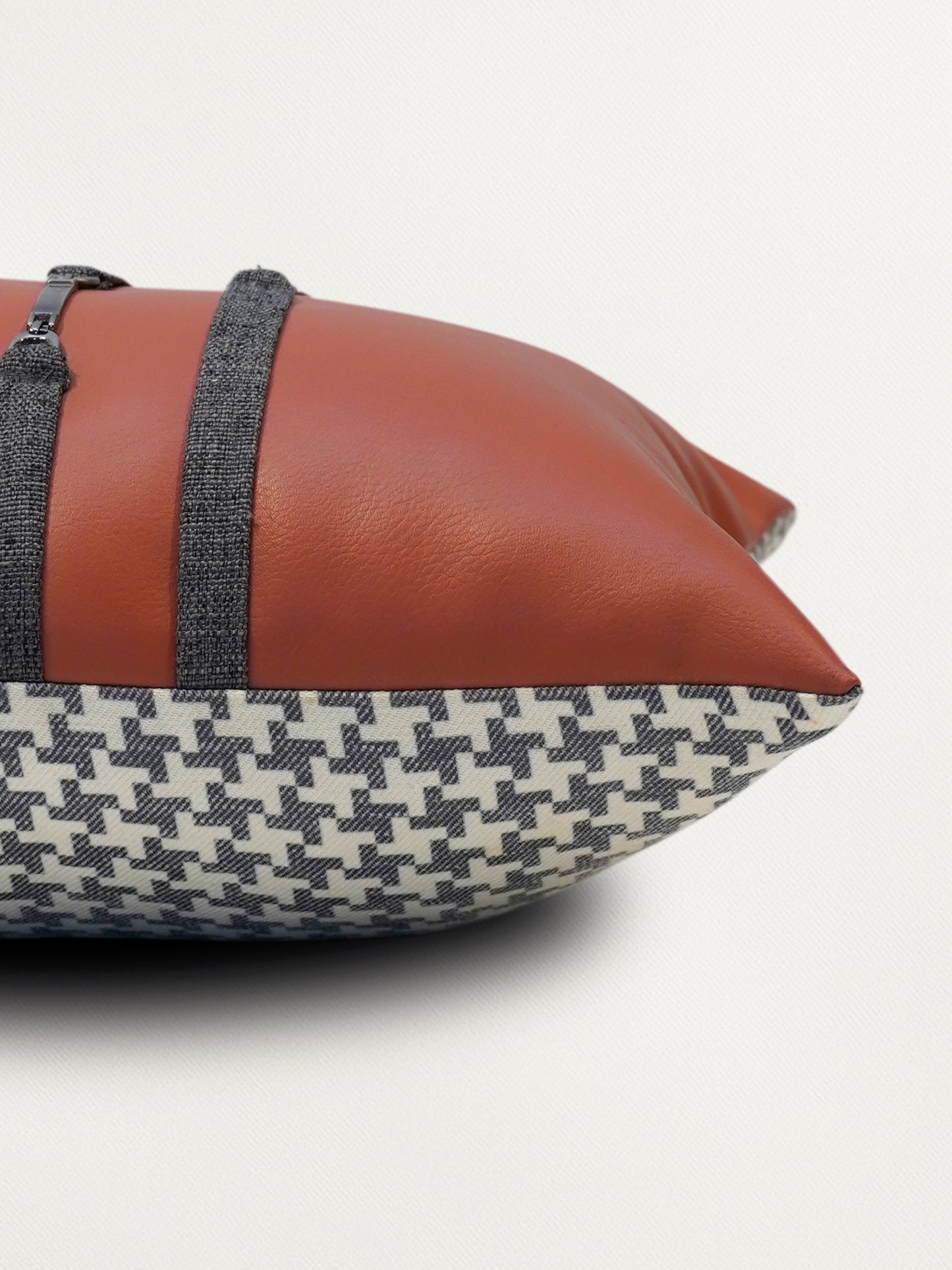 Leather & Polyester Cushion Cover – Rust, Patti Work, 12x22 inch, Set of 1