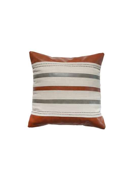 Leather Cushion Cover - Light Grey with Patch Work and Machine Thin Line, 16x16 inches, Set of 1