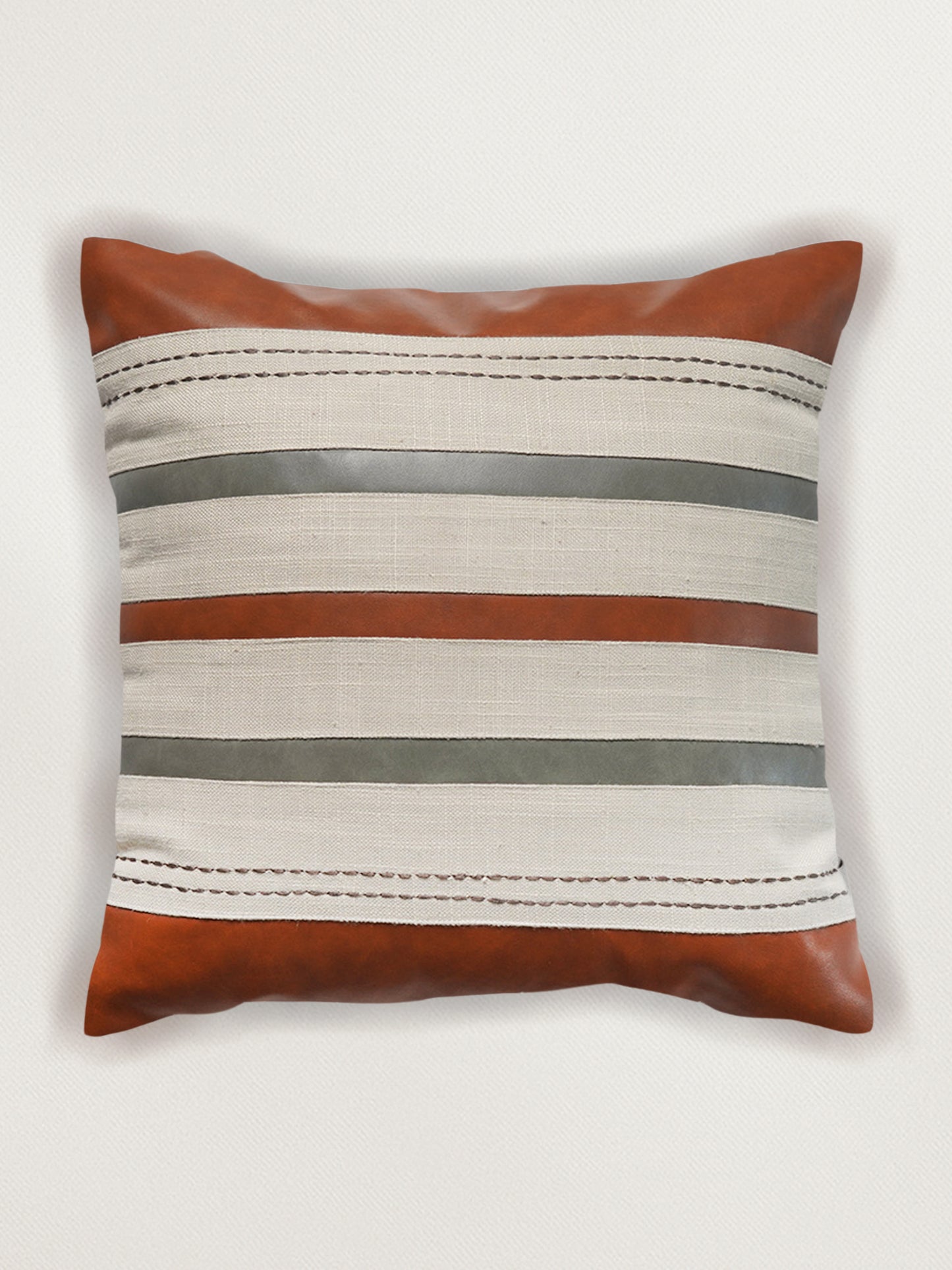 Leather Cushion Cover - Light Grey with Patch Work and Machine Thin Line, 16x16 inches, Set of 1