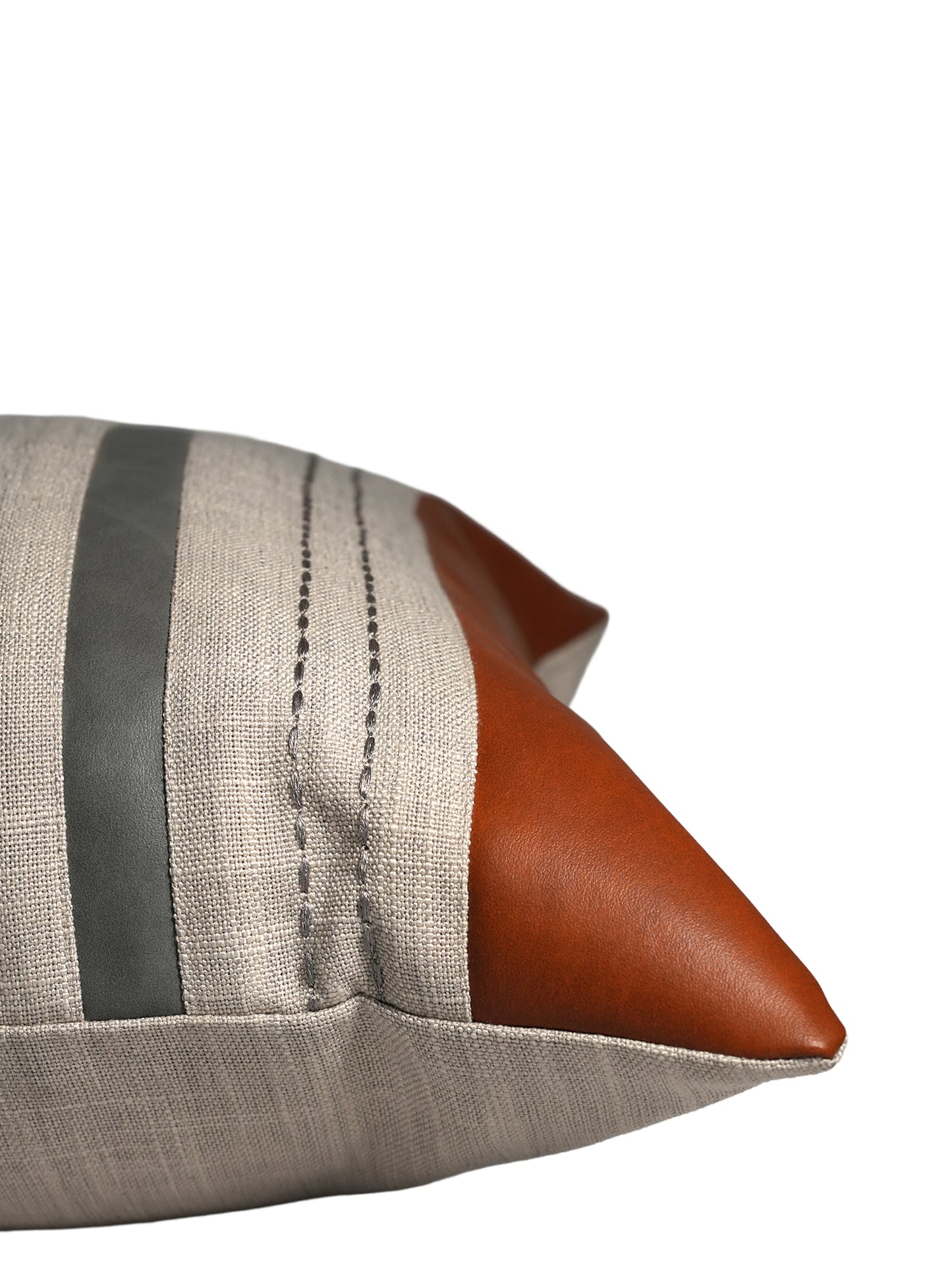Leather Cushion Cover - Light Grey with Patch Work and Machine Thin Line, 16x16 inches, Set of 1