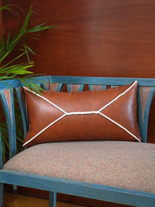 Leather Cushion Cover - Rust ,Hand Work, 12x22 inches, Set of 1