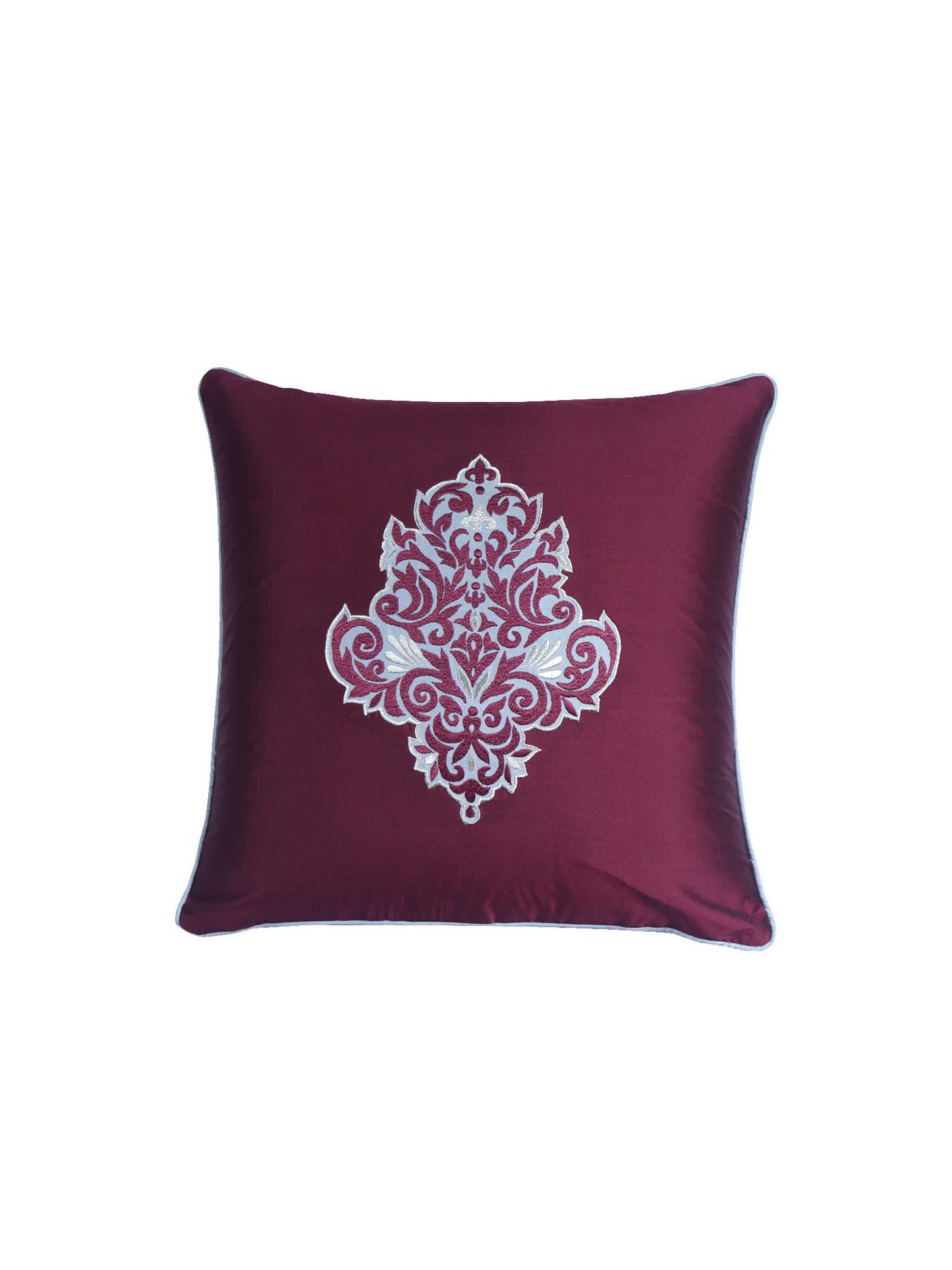 Motif Embroidered with Cushion Cover with Patchwork and Cord Piping - Maroon