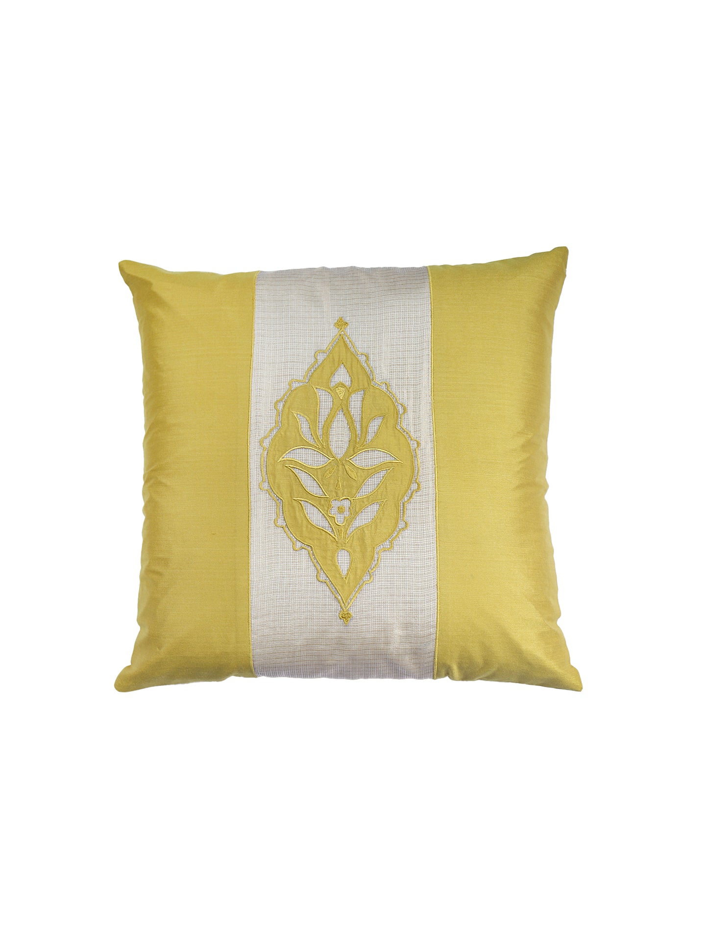 Lotus Motif Embroidered Cushion Cover with Patchwork - Yellow