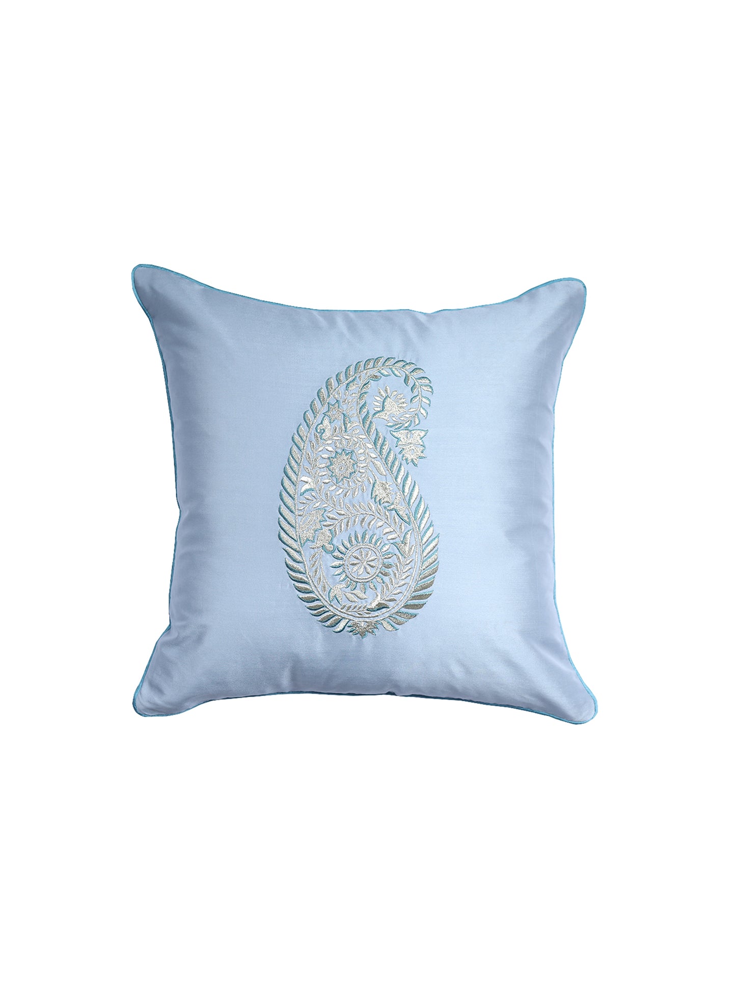 Paisley Motif in Two Tone Embroidered Cushion Cover  with Cord Piping - Metallic Grey