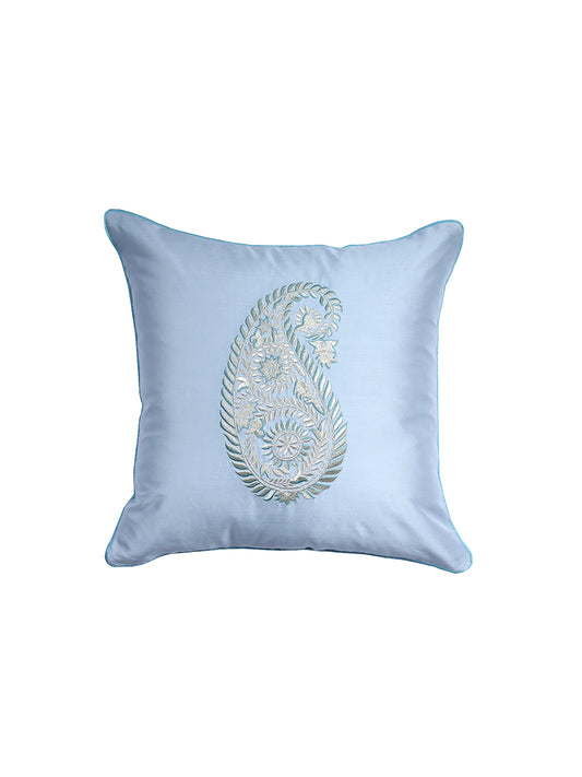 Paisley Motif in Two Tone Embroidered Cushion Cover  with Cord Piping - Metallic Grey