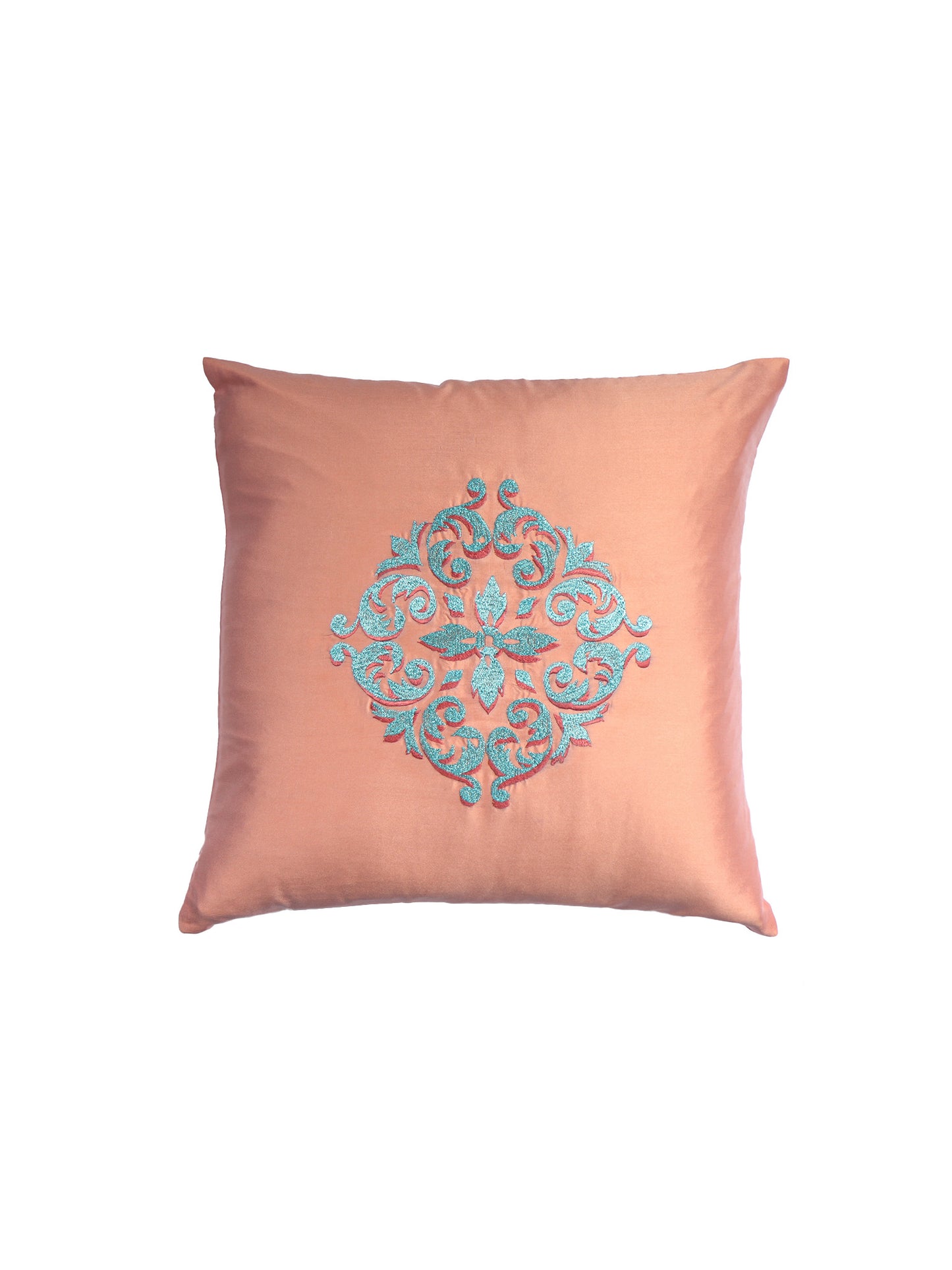 Central Motif in Two Tone Embrodiery  Cushion Cover - Coral