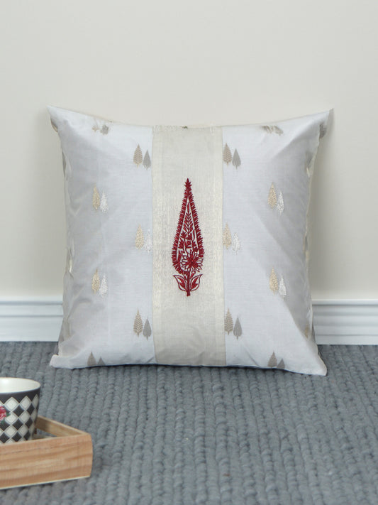 Brocade Silk Cushion Cover with Motif Embroidered - White