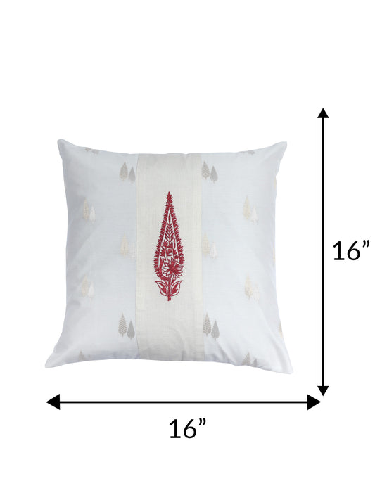 Brocade Silk Cushion Cover with Motif Embroidered - White