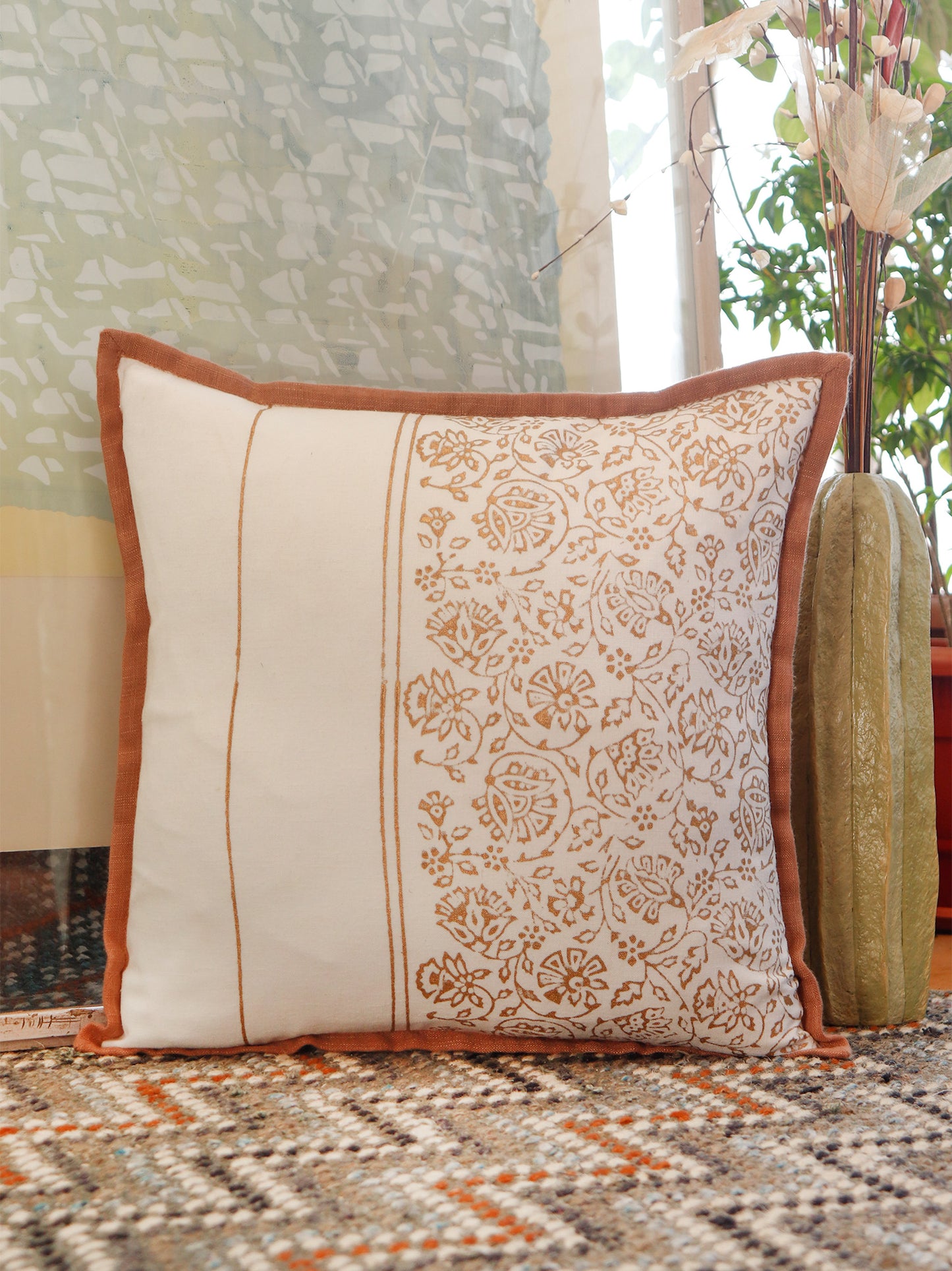 Golden Block Printed Cushion Cover | Flange Border - Cotton 16 x 16 inches