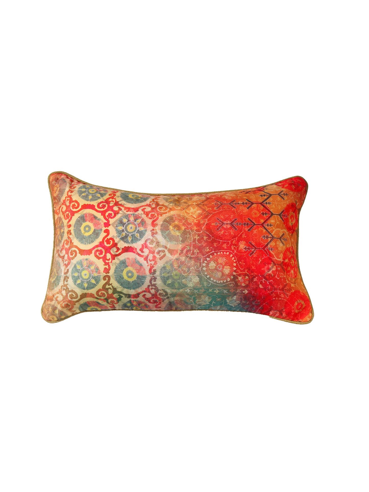 Cushion Cover with Motif Print and Highlited Embroidery and Contrast Cord Piping - Red/Orange - 12x22 Inches