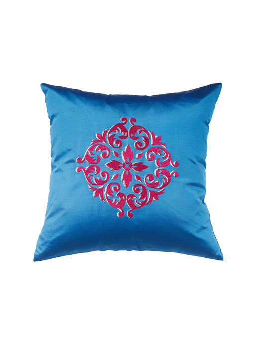 Central Mandala Ethinic Motif in Two Tone Embrodiery  Cushion Cover - Blue/Red - 16x16 Inches