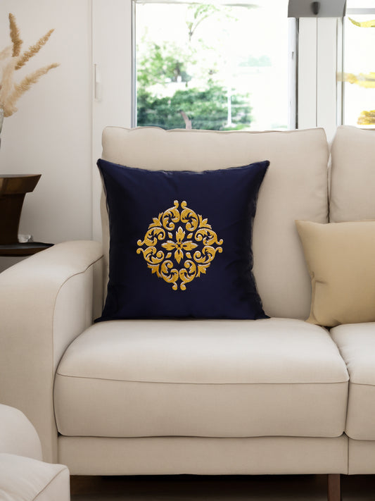 Central Mandala Ethinic Motif in Two Tone Embrodiery  Cushion Cover - Blue/Gold - 16x16 Inches (Pack of 1)