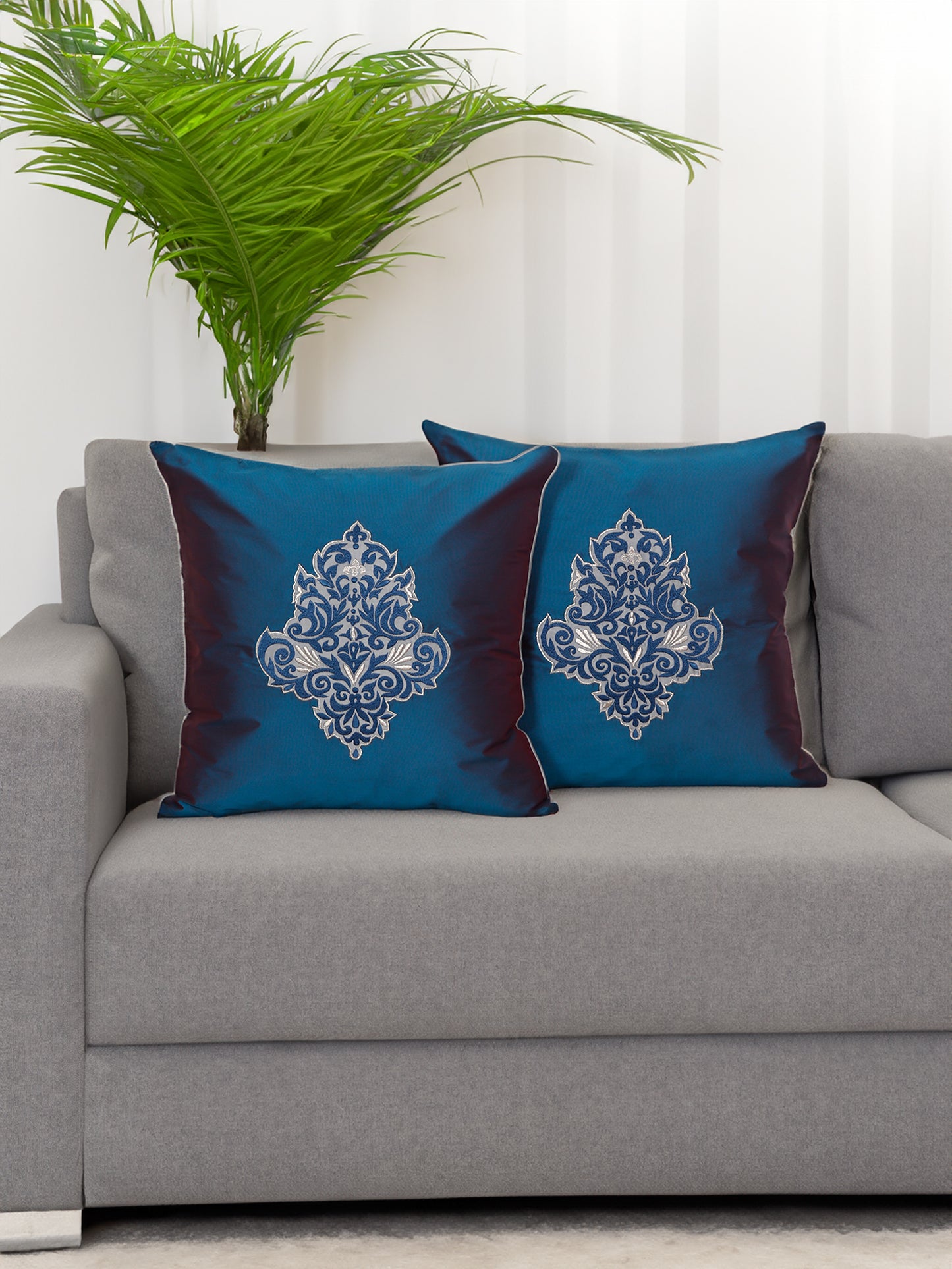 Floral Arabesque Motif in Two Tone Embrodiery  Cushion Cover - Blue/Gold - 16x16 Inches