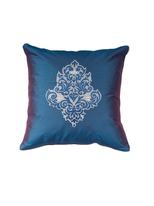 Floral Arabesque Motif in Two Tone Embrodiery  Cushion Cover - Blue/Gold - 16x16 Inches
