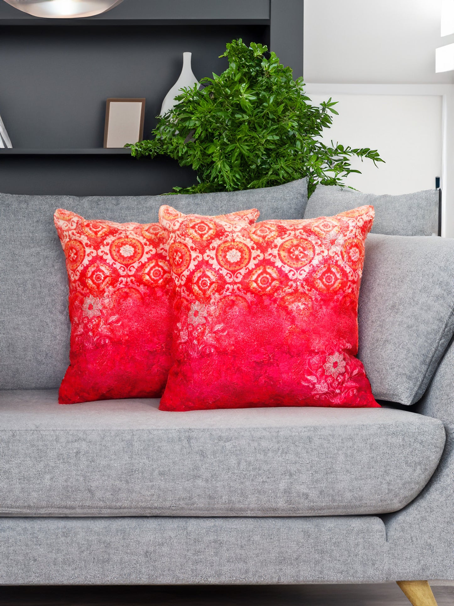 Abstract Printed with Zari Highlight Embroidered Cushion Cover - Pink - 16x16 Inches