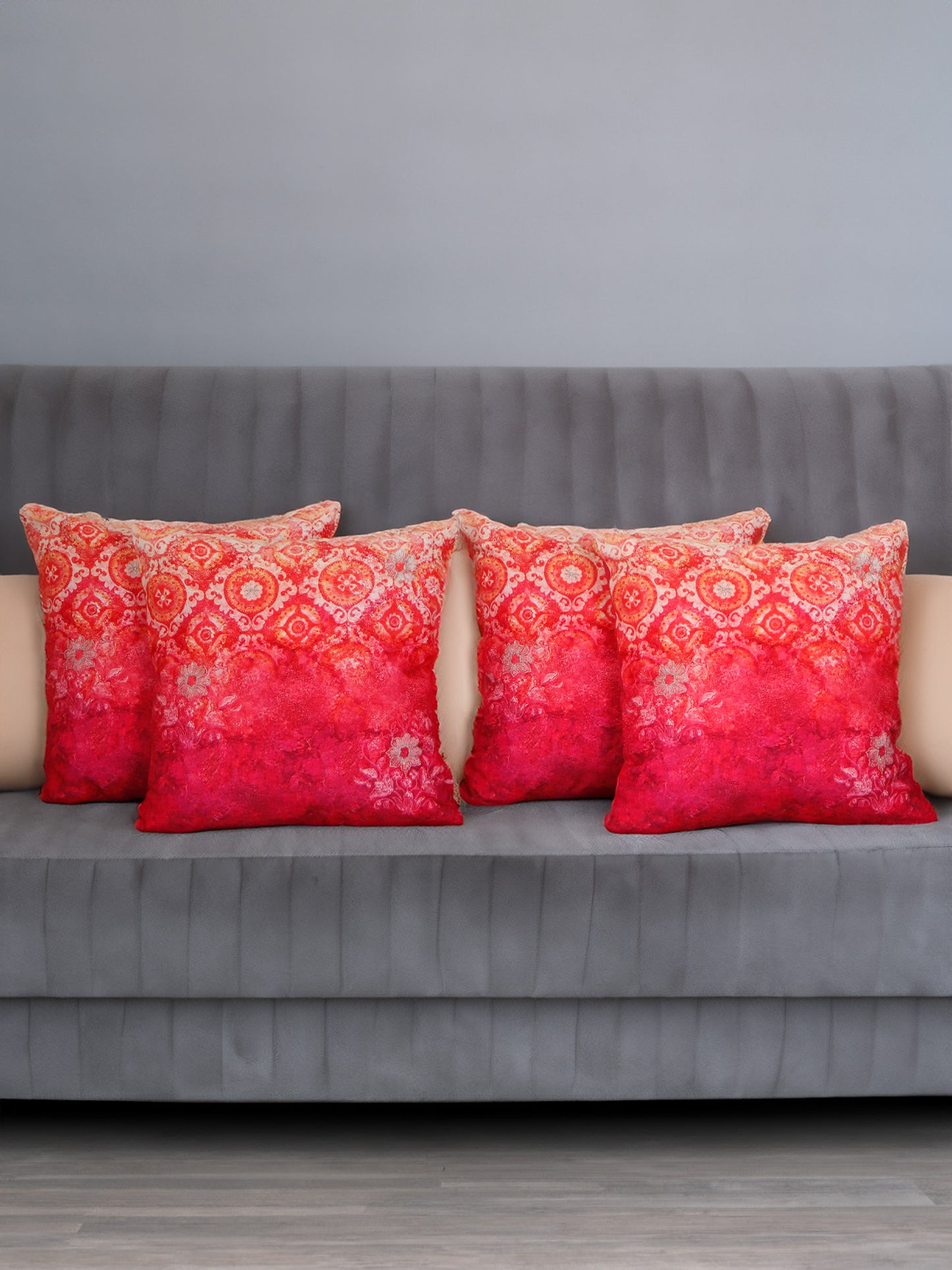 Abstract Printed with Zari Highlight Embroidered Cushion Cover - Pink - 16x16 Inches