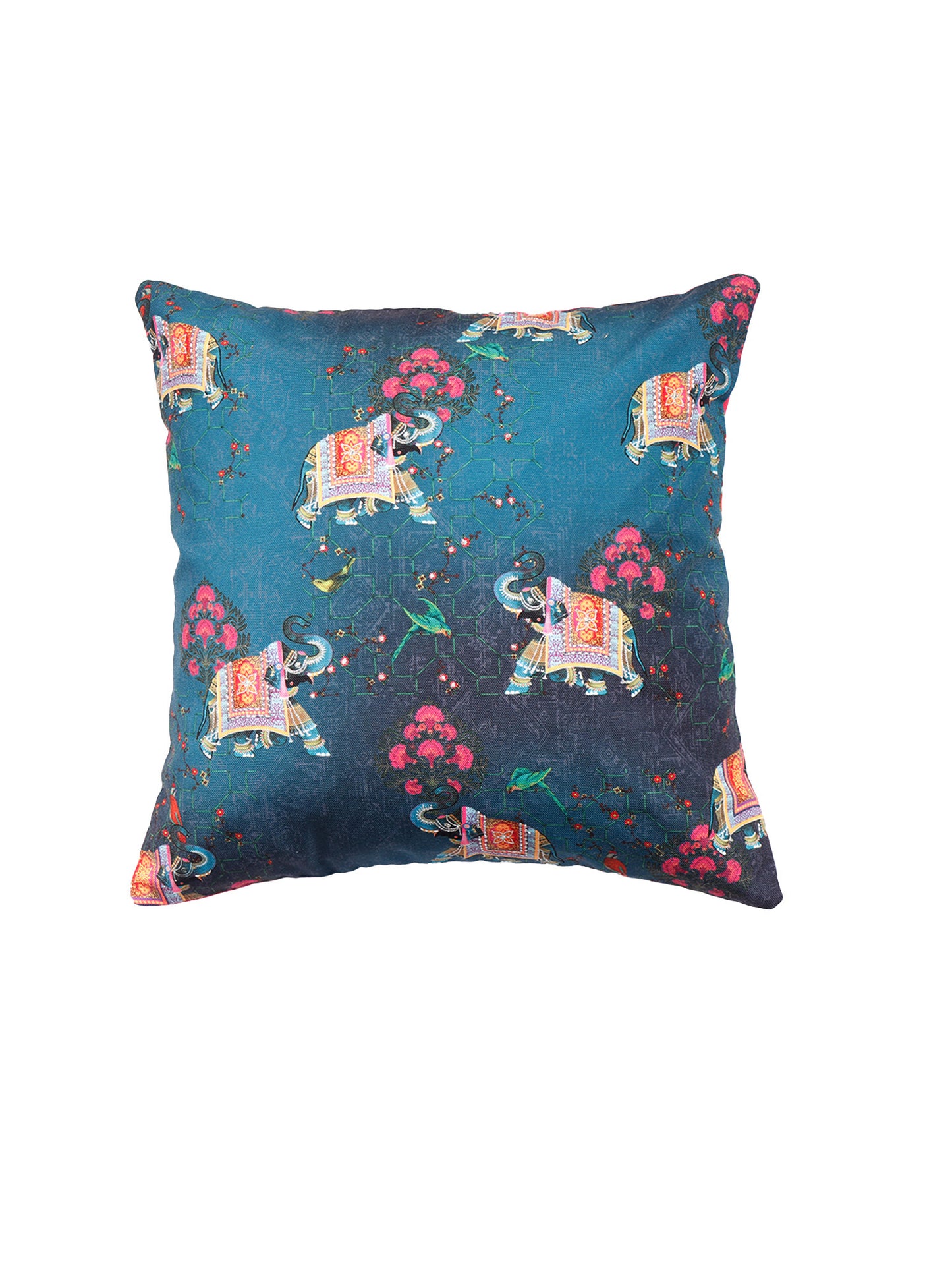 Mughal Elephant Play Printed Cushion Cover with Highlighted Silver  Embroiderey - Blue - 16x16 Inches