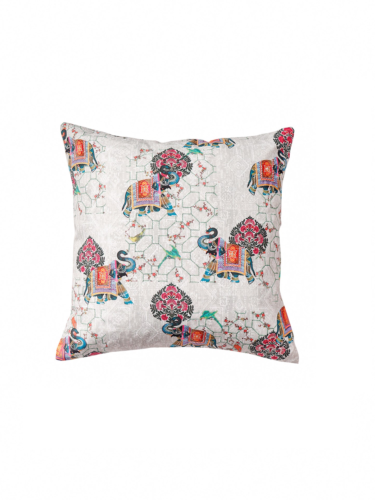 Mughal Elephant Play Printed Cushion Cover with Highlighted Silver  Embroiderey - White - 16x16 Inches