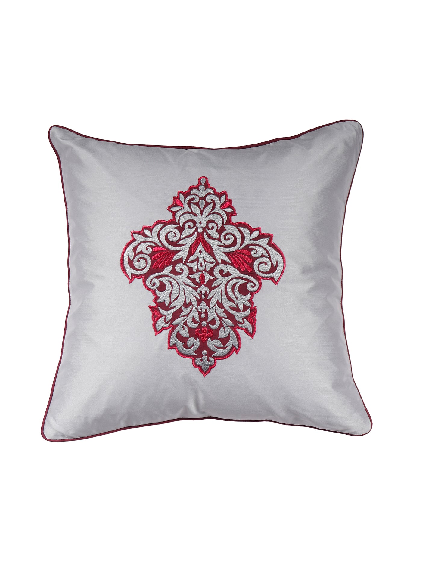 Floral Arabesque Motif in Two Tone Embrodiery  Cushion Cover - Silver/Magenta  - 16x16 Inches