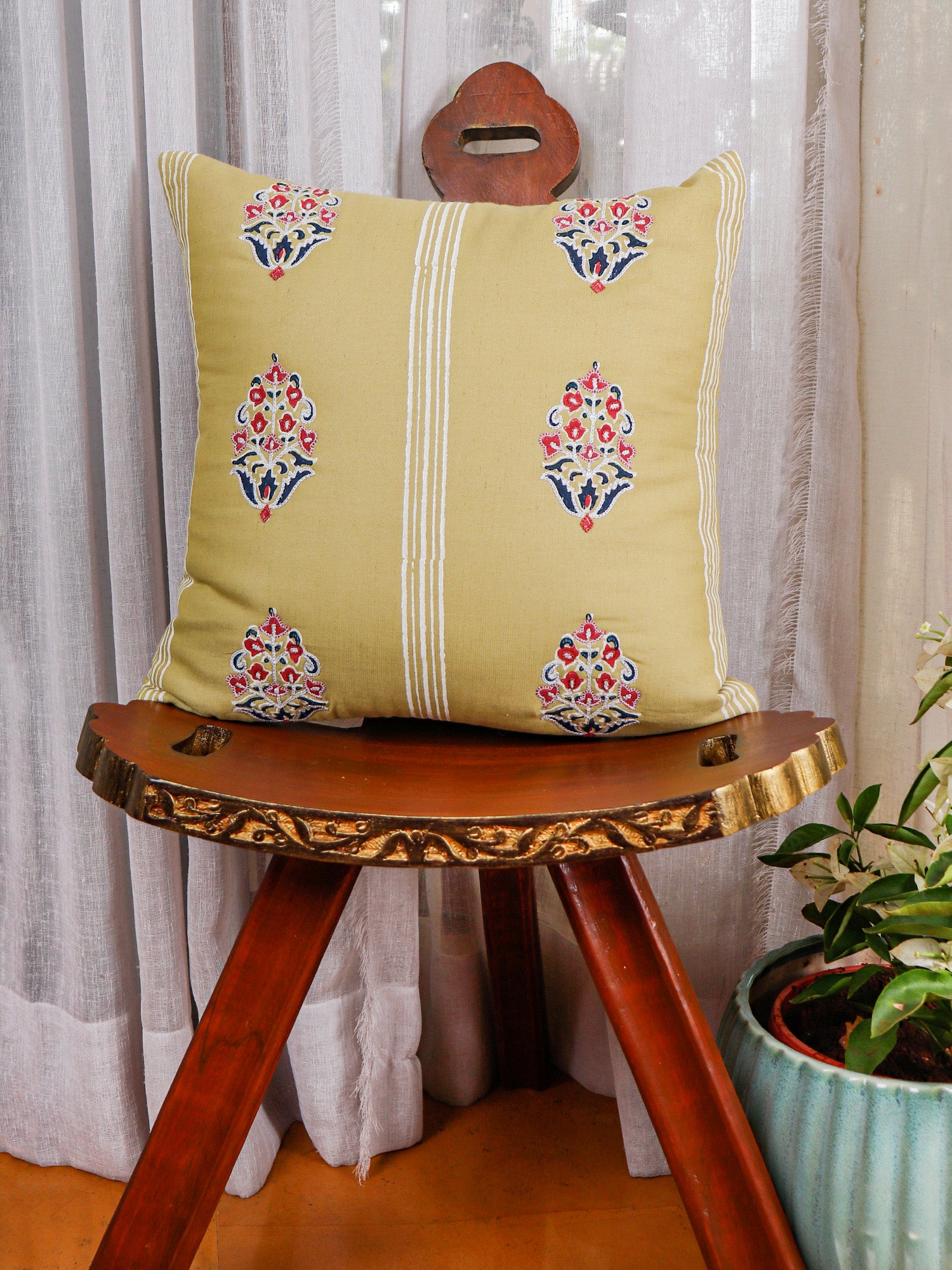 Hand Embroidered Luxe Collection Cushion Cover | Block Printed Off White - 16x16 Inches