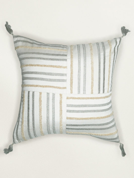 Polyester Blend Cushion Cover - Patch Work, Hand Work, Towel Embroidery & Tassels, Off White, 16x16 inches, Set of 1