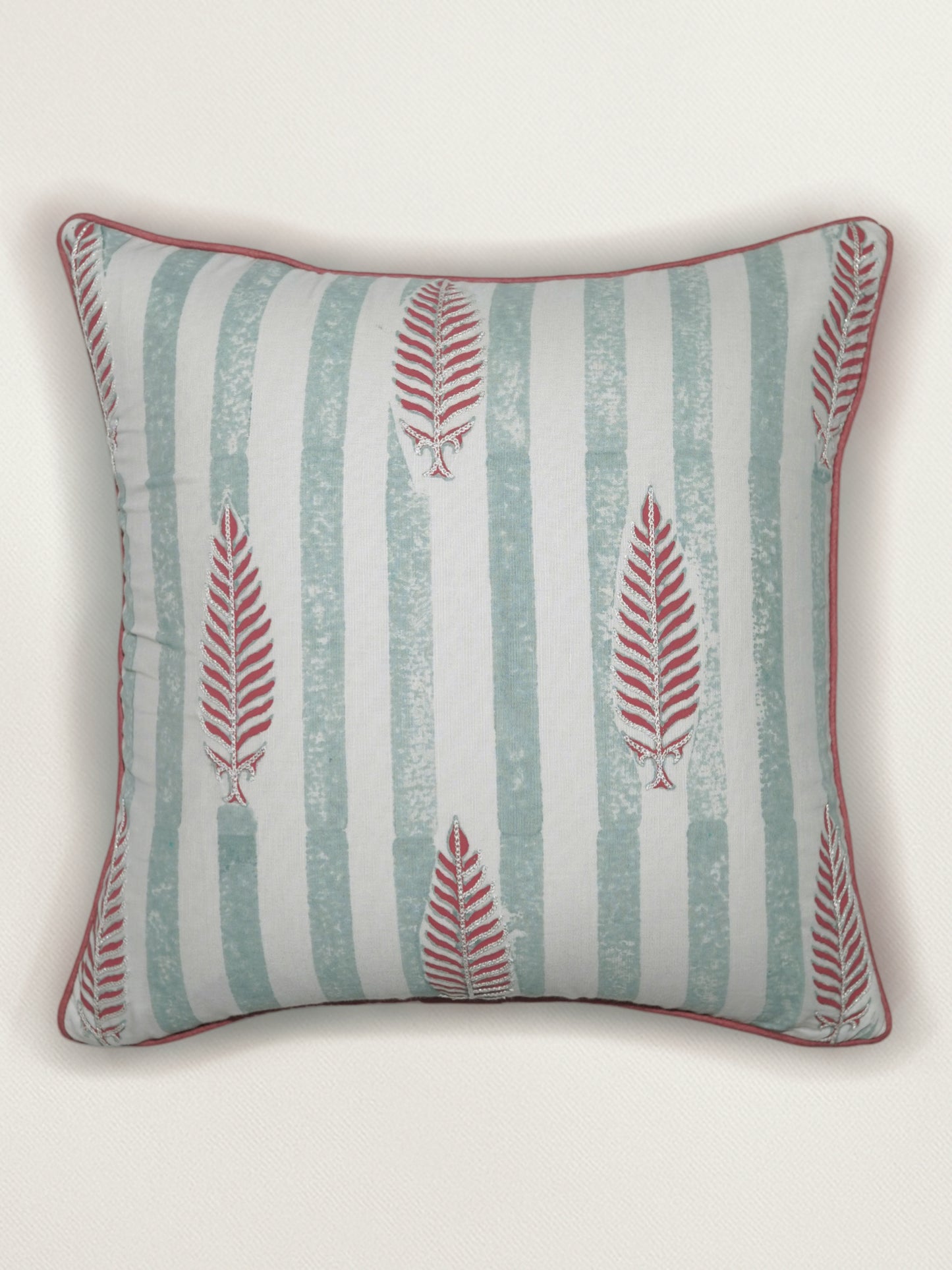 Hand Embroidered Luxe Collection Cushion Cover | Block Printed, and Cord Piping Off White - 16x16 Inches