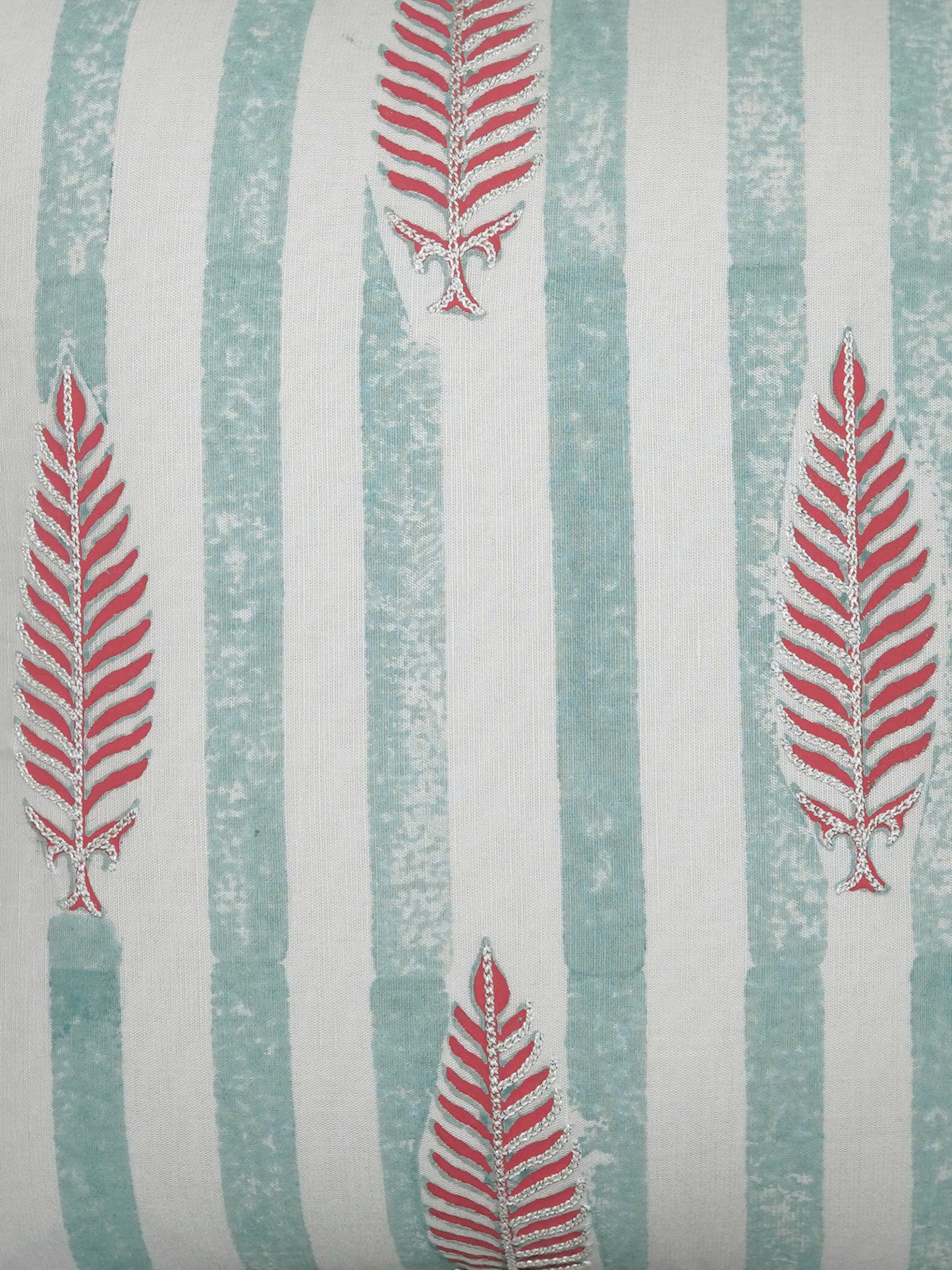 Hand Embroidered Luxe Collection Cushion Cover | Block Printed, and Cord Piping Off White - 16x16 Inches