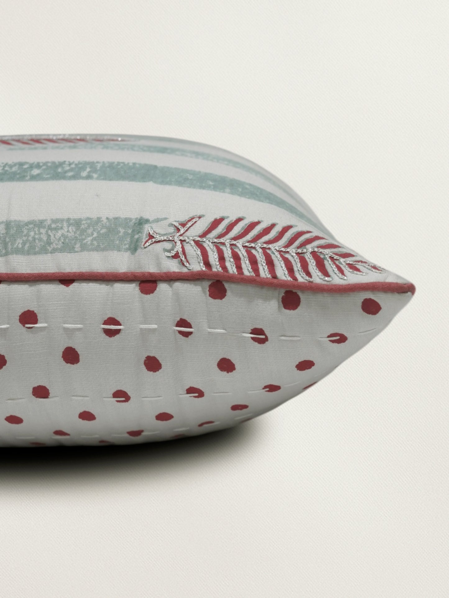 Hand Embroidered Luxe Collection Cushion Cover | Block Printed, and Cord Piping Off White - 16x16 Inches