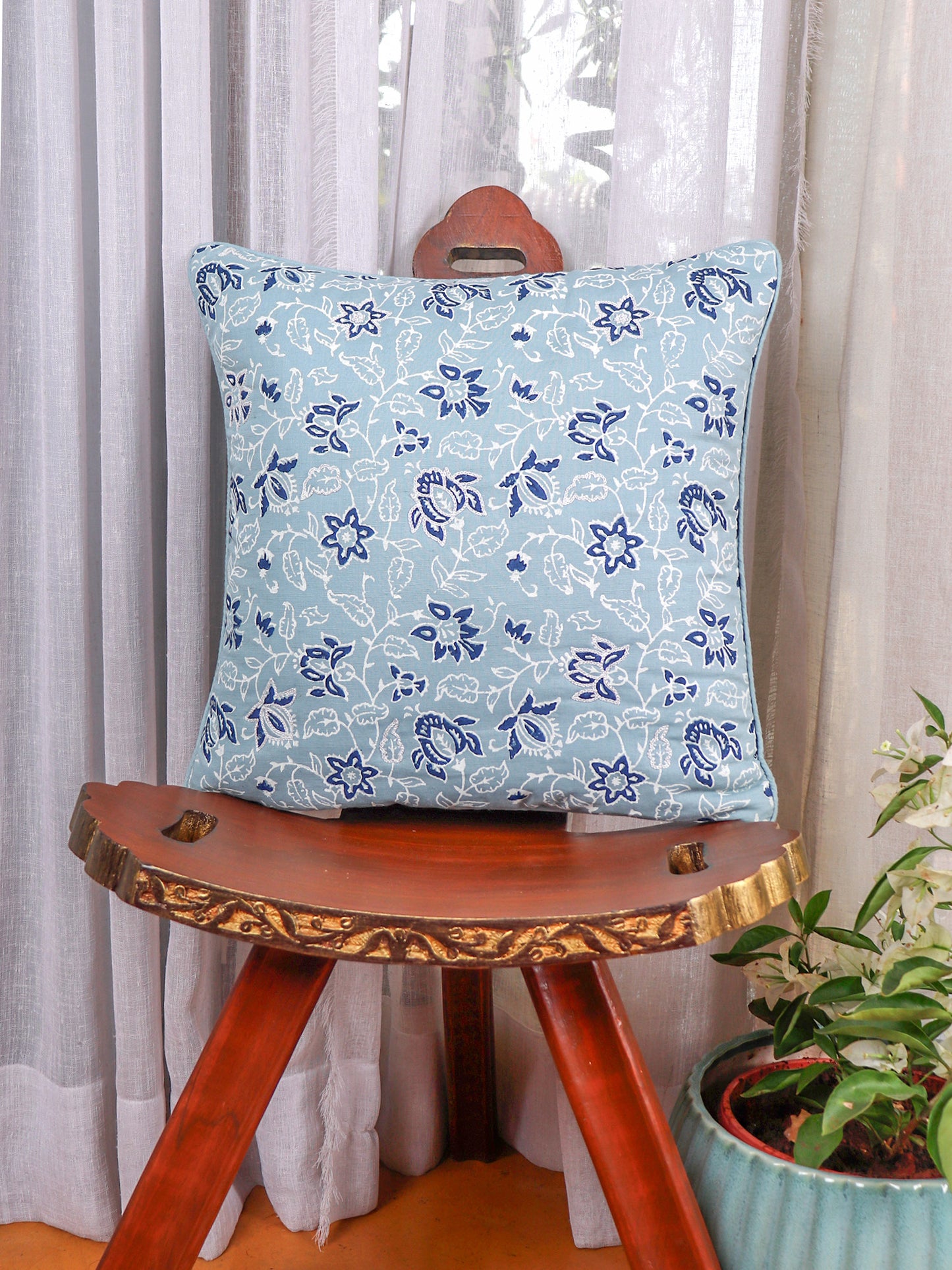 Hand Embroidered Luxe Collection Cushion Cover | Block Printing Blue - 16x16 Inches