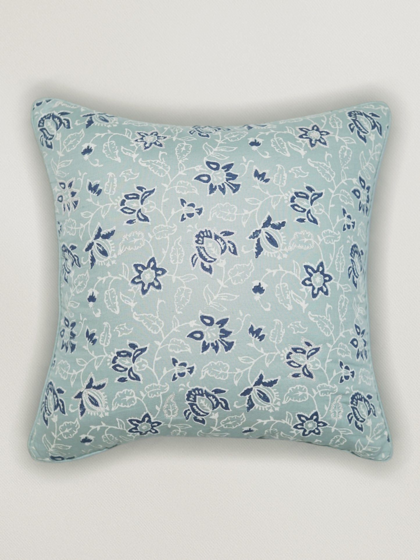 Hand Embroidered Luxe Collection Cushion Cover | Block Printing Blue - 16x16 Inches