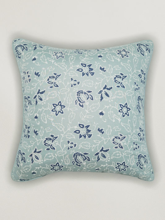 Hand Embroidered Luxe Collection Cushion Cover | Block Printing Blue - 16x16 Inches