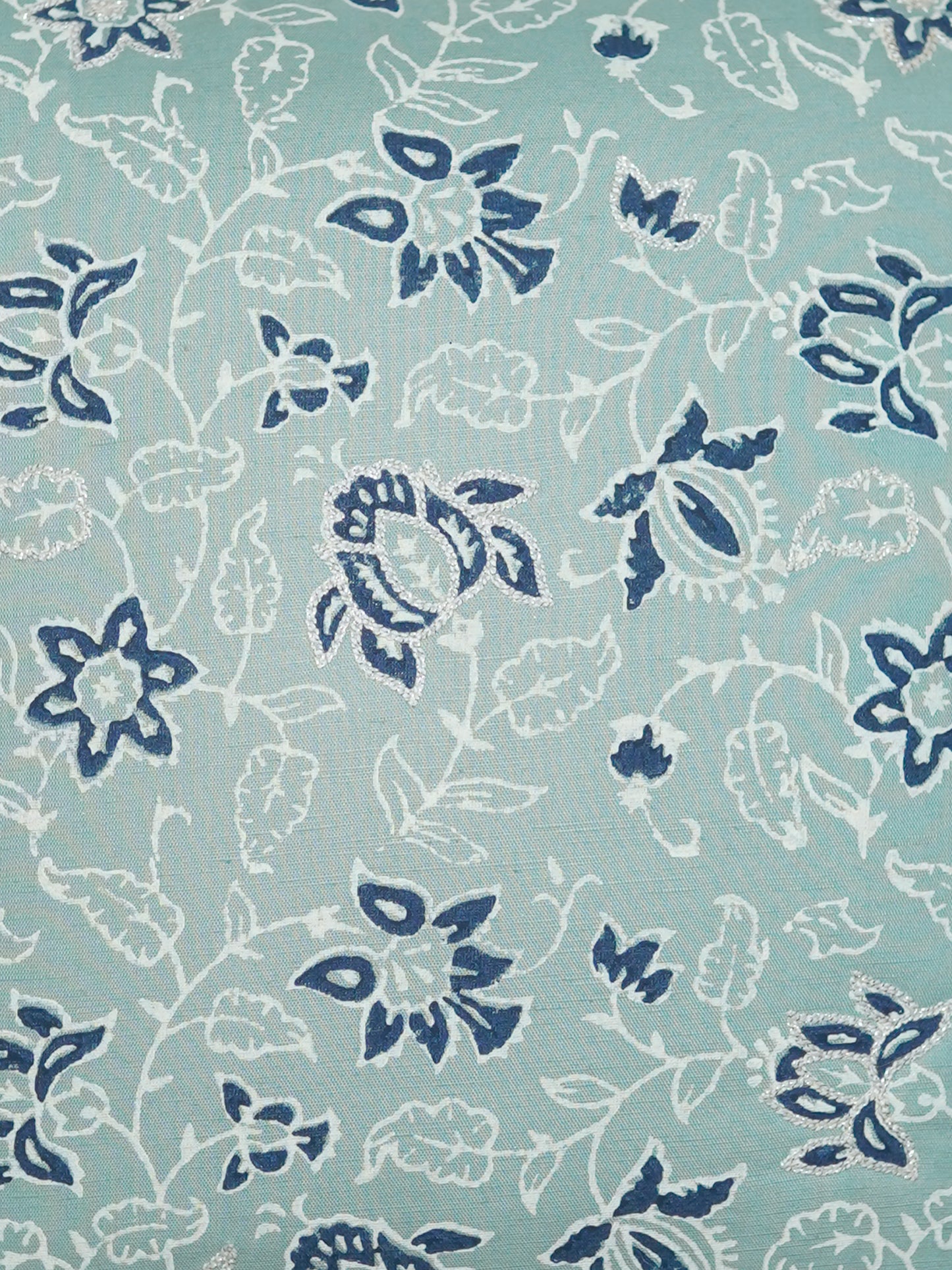 Hand Embroidered Luxe Collection Cushion Cover | Block Printing Blue - 16x16 Inches