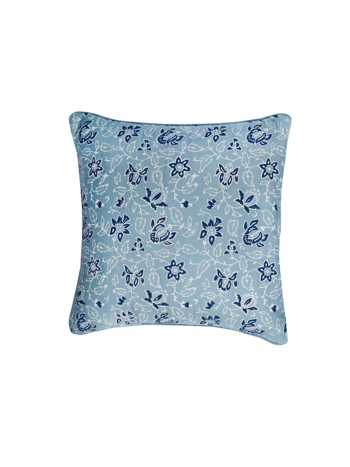 Hand Embroidered Luxe Collection Cushion Cover | Block Printing Blue - 16x16 Inches