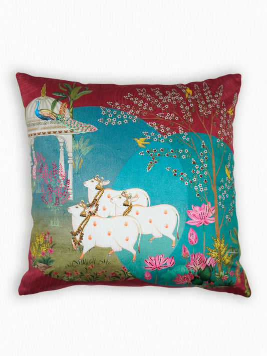 Hand Embroidered Pichwai Cushion Cover with Digital Print | Embellished Velvet 18x18 Inches