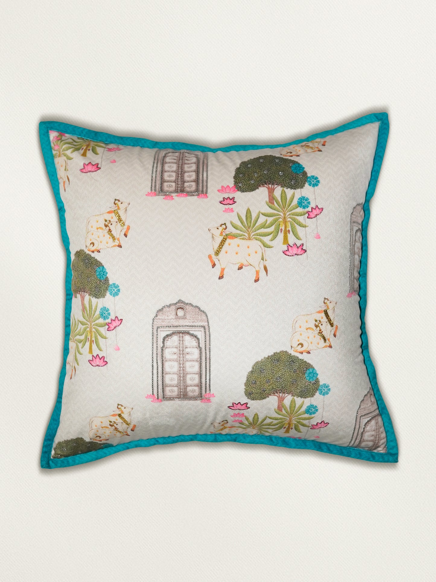 Hand Embroidered Pichwai Cushion Cover with Digital Print | Chevron Flange Border Velvet 18x18 Inches