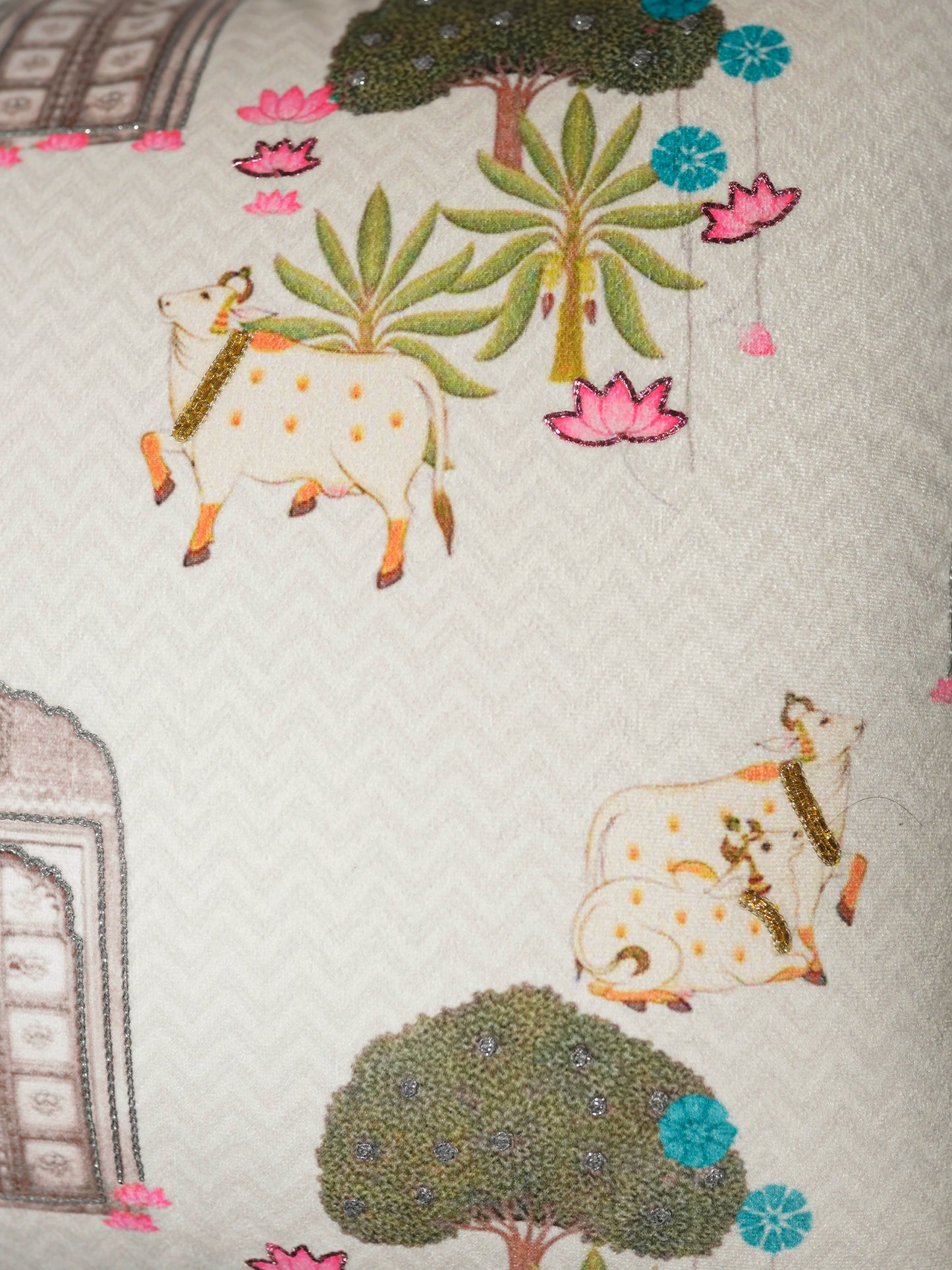 Hand Embroidered Pichwai Cushion Cover with Digital Print | Chevron Flange Border Velvet 18x18 Inches