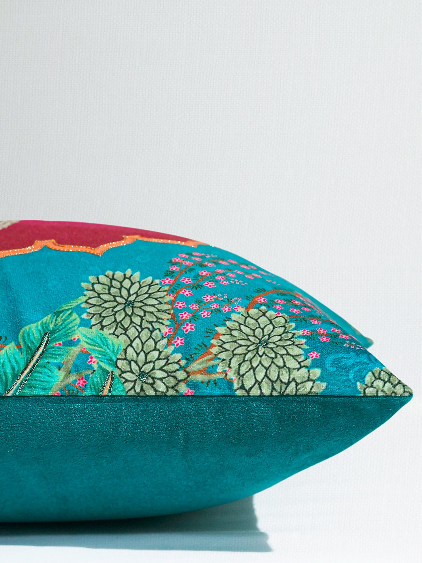 Hand Embroidered Pichwai Cushion Cover with Digital Print | Peacock Embellished Velvet 16x16 Inches
