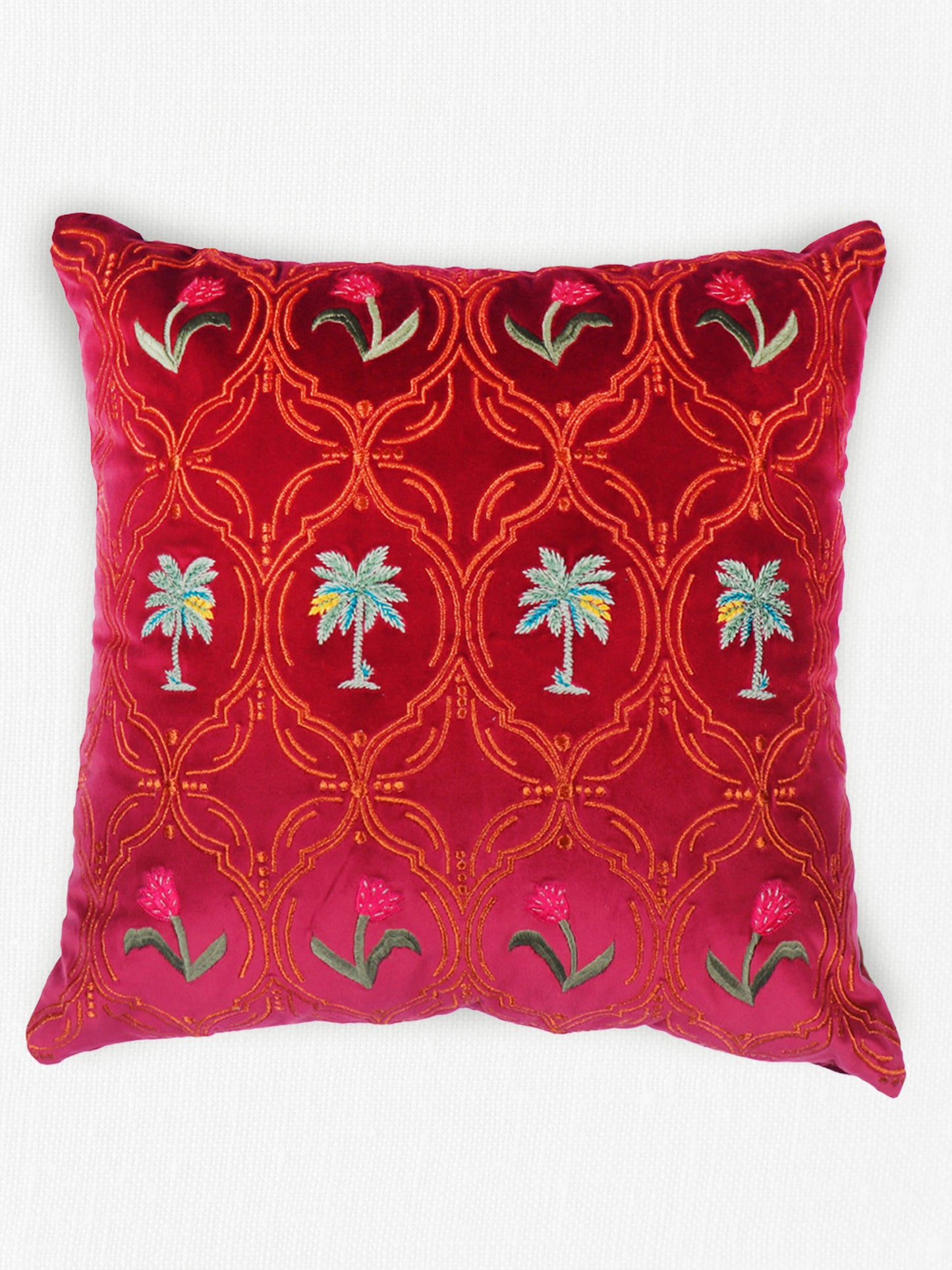 Hand Embroidered Pichwai Cushion Cover | Palm Trees Velvet 18x18 Inches