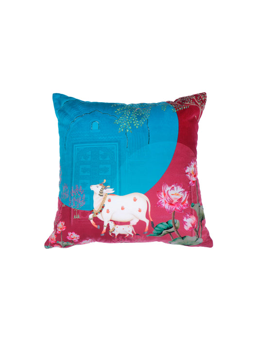 Hand Embroidered Pichwai Cushion Cover with Digital Print | Embellished Velvet 16x16 Inches